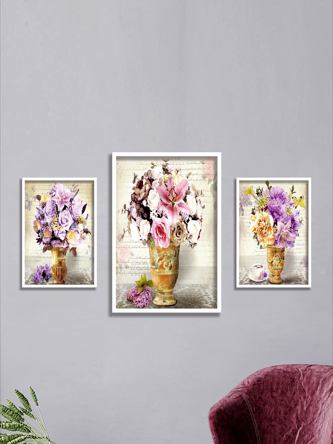 

SAF Beige & Purple 3 Pieces Flower Pot Painting Wall Arts