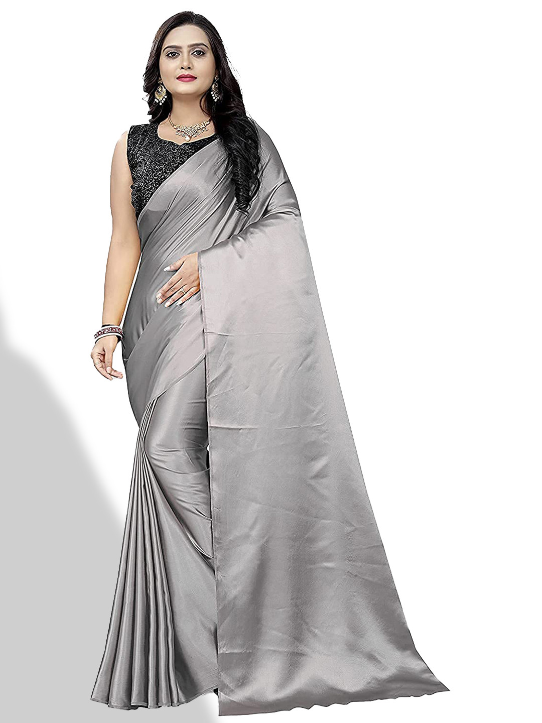 

LYTIX Solid Soft Satin Silk Saree, Grey