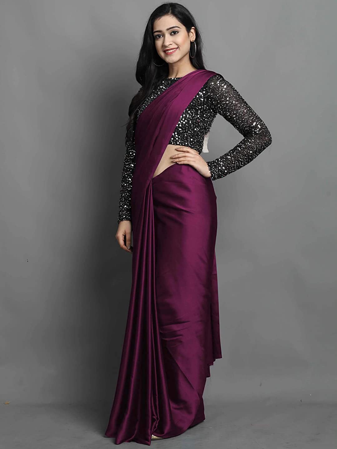 

LYTIX Satin Silk Plain Saree With Sequinned Embellished Blouse, Burgundy