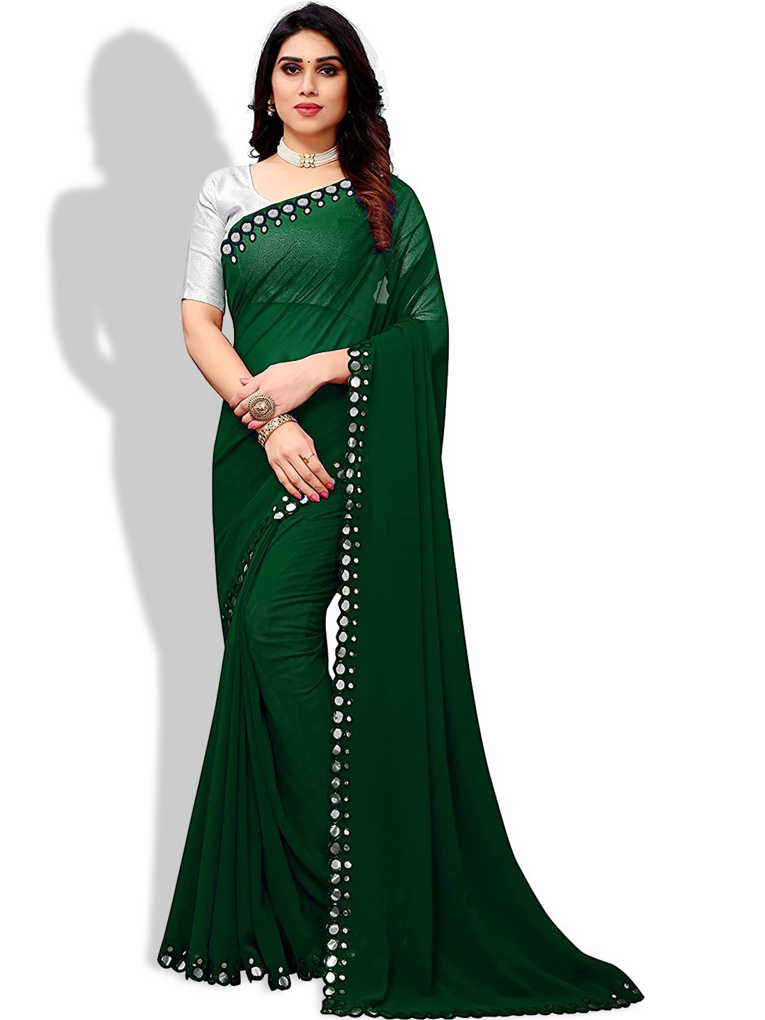 

LYTIX Mirror Work Pure Georgette Leheriya Saree, Green