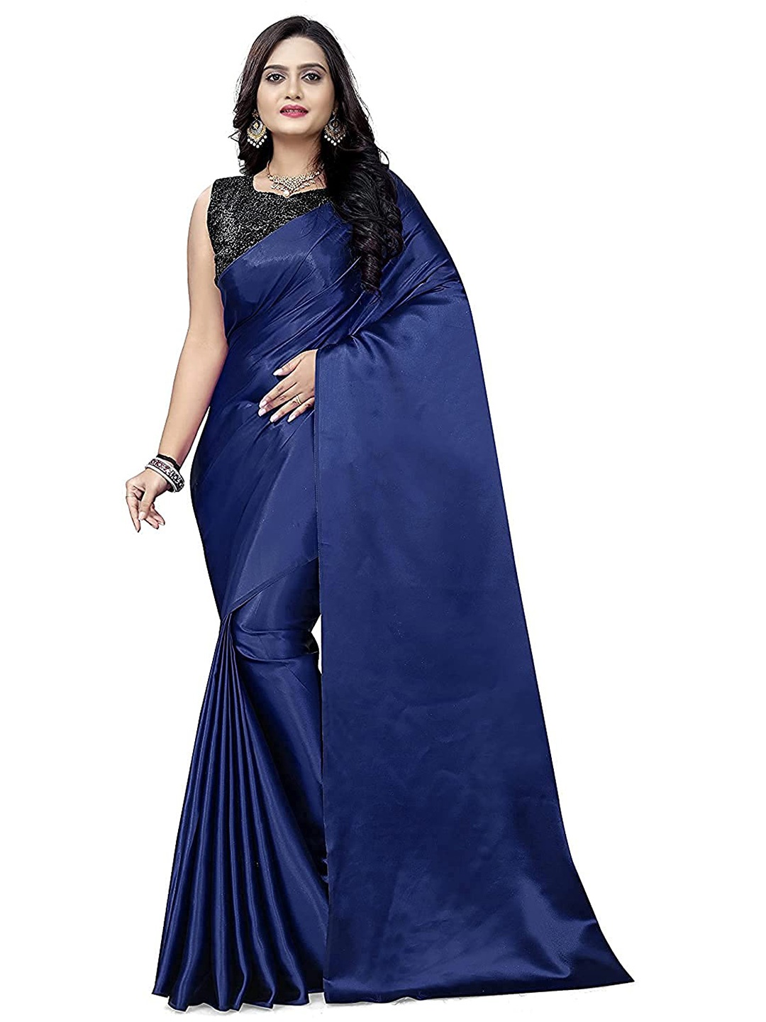 

LYTIX Solid Soft Satin Silk Saree, Navy blue