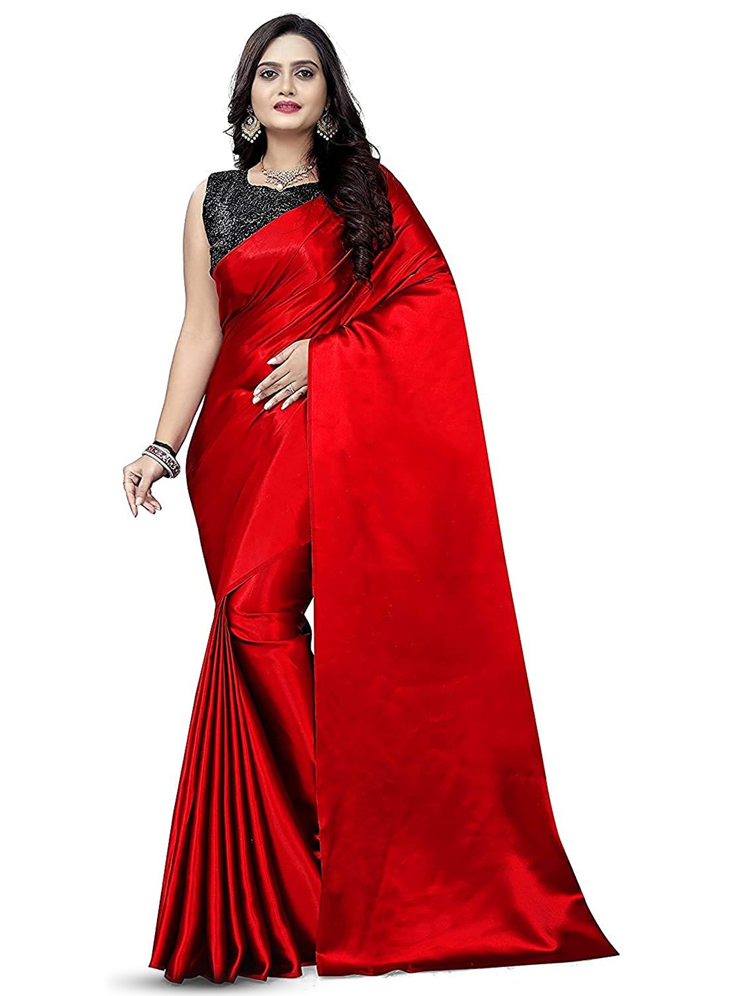 

LYTIX Solid Soft Satin Silk Saree, Red