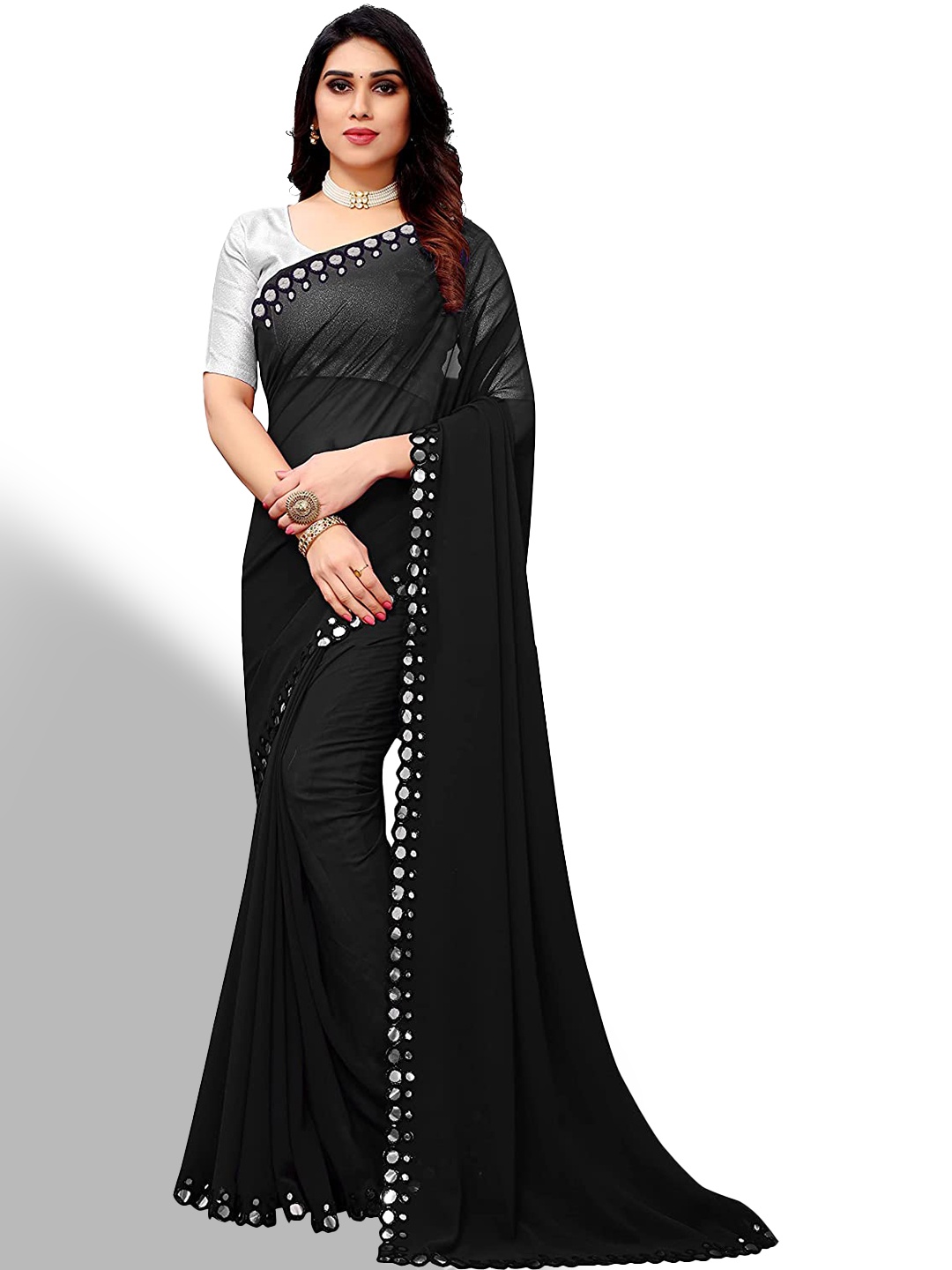 

LYTIX Mirror Work Pure Georgette Leheriya Saree, Black