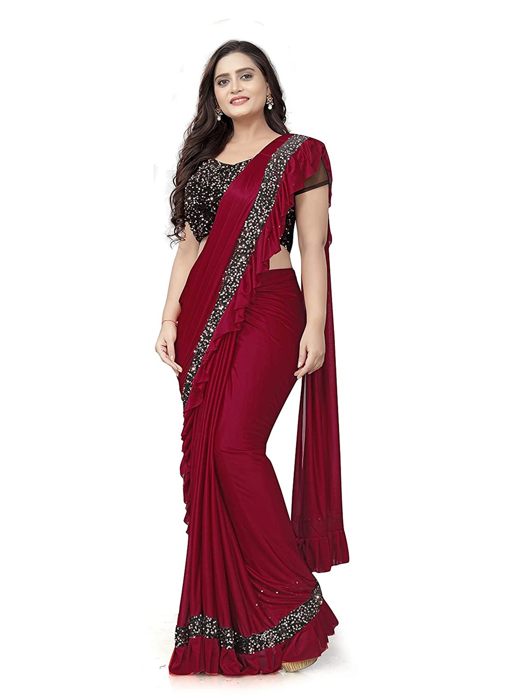 

LYTIX Sequinned Ruffle-Detail Satin Leheriya Saree, Red