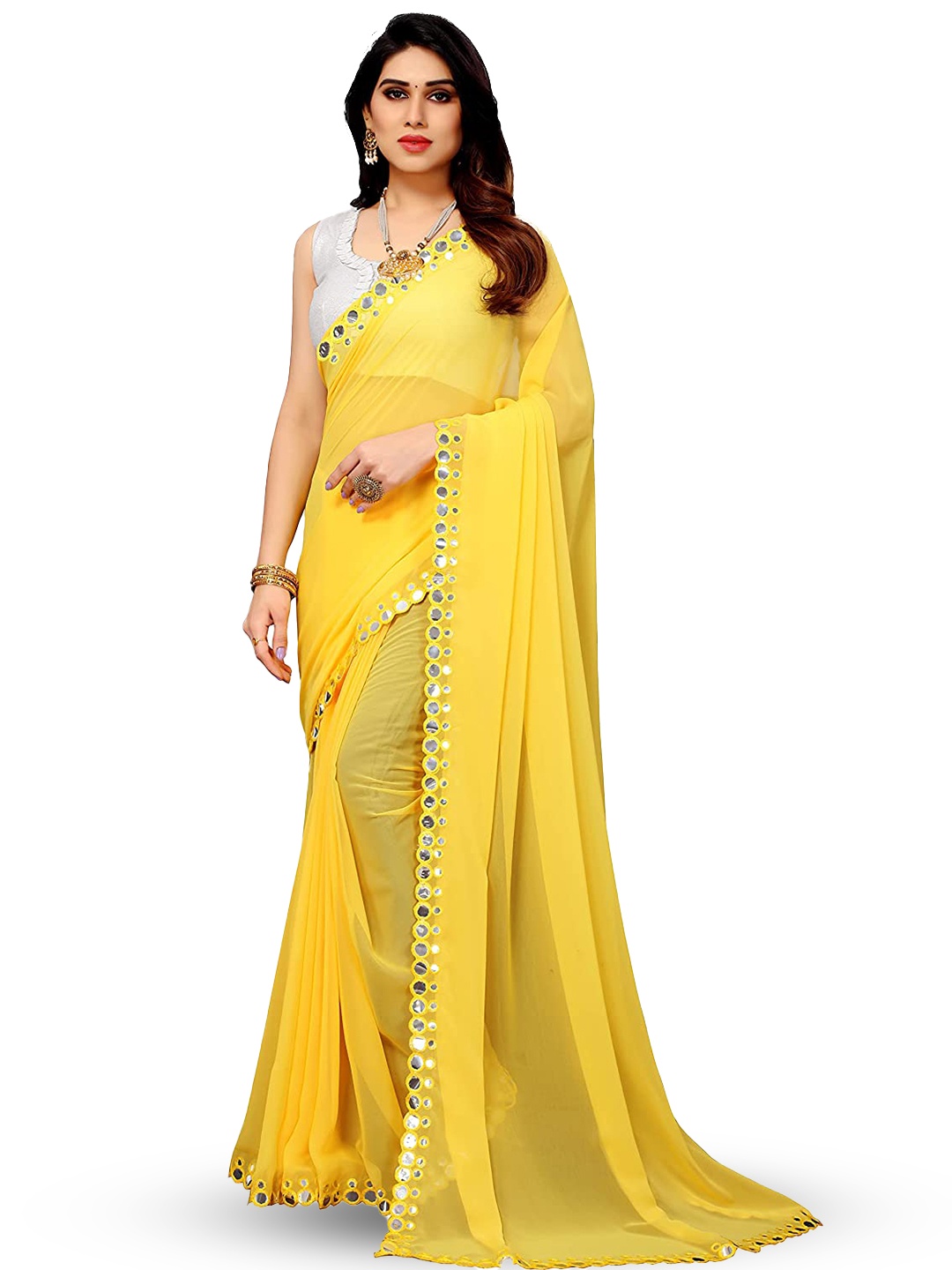 

LYTIX Mirror Work Pure Georgette Leheriya Saree, Yellow