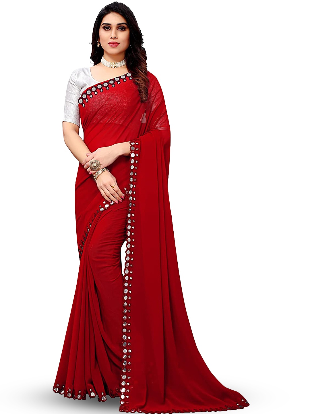 

LYTIX Mirror Work Pure Georgette Leheriya Saree, Red