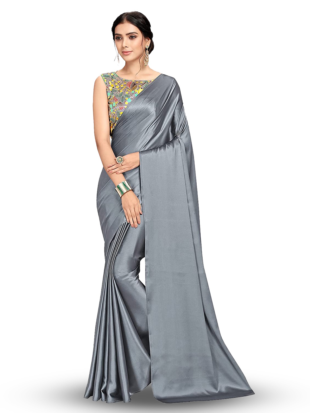 

LYTIX Soft Satin Leheriya Saree, Grey