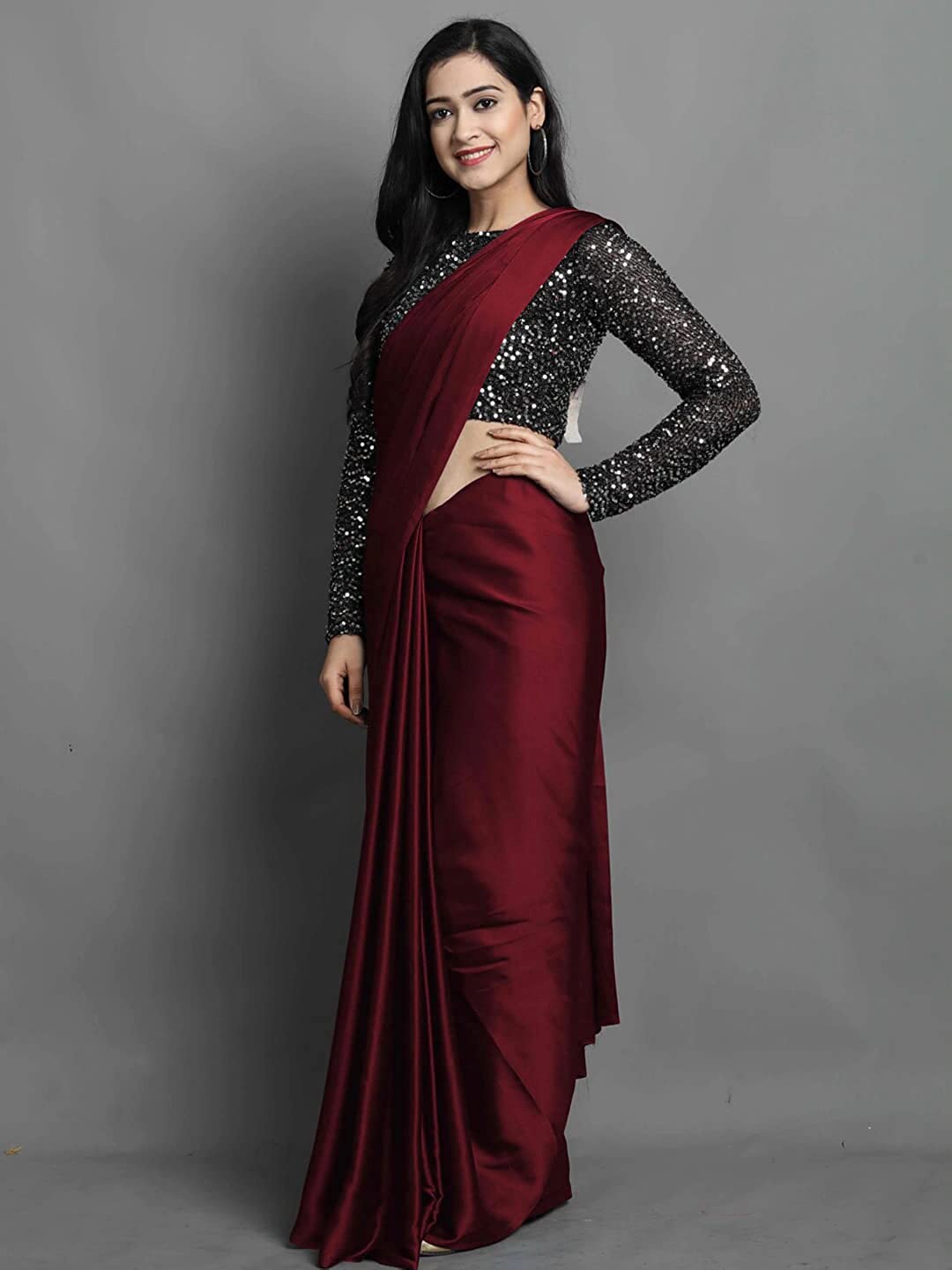 

LYTIX Satin Silk Plain Saree With Sequinned Embellished Blouse, Maroon