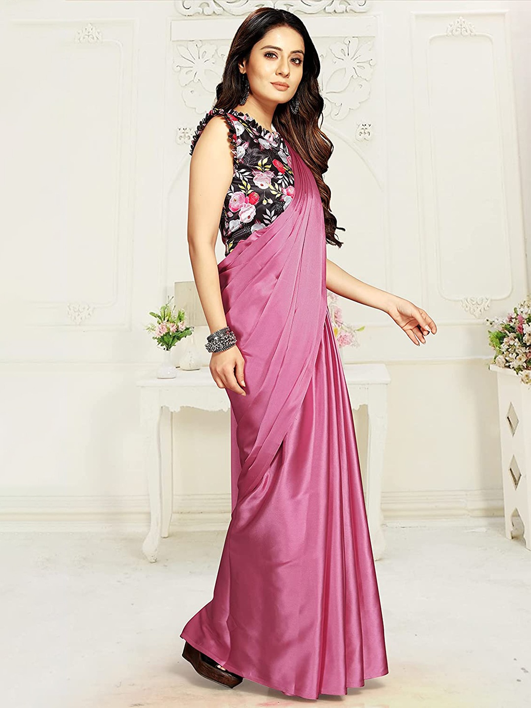 

LYTIX Satin Silk Plain Saree With Floral Printed Blouse, Pink