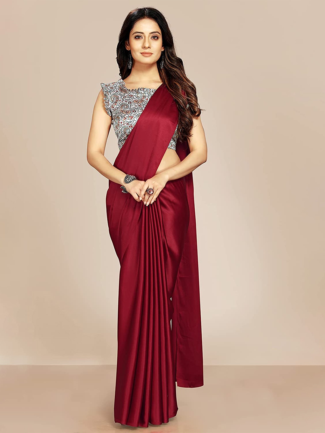 

LYTIX Satin Silk Plain Saree With Sequinned Embellished Blouse, Maroon