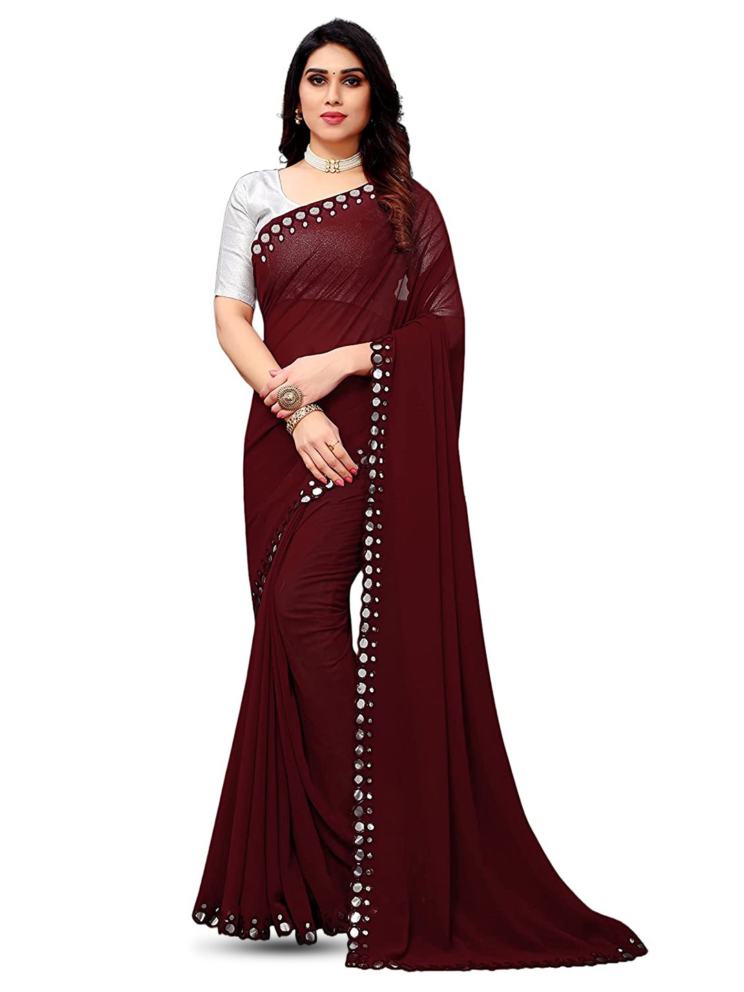 

LYTIX Mirror Work Pure Georgette Leheriya Saree, Maroon