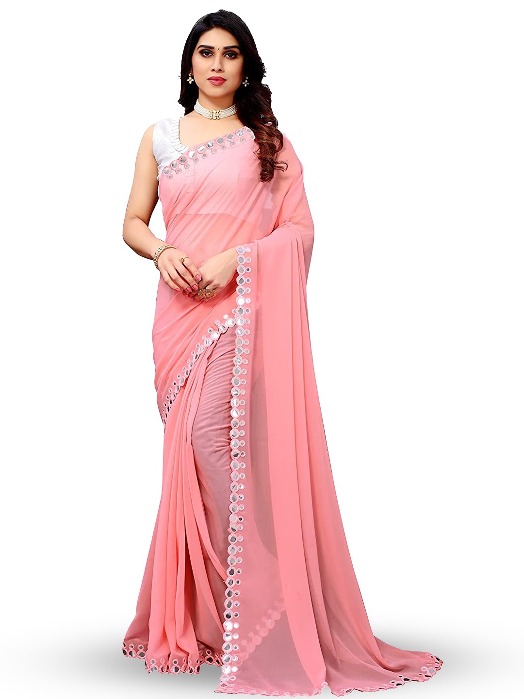 

LYTIX Mirror Work Pure Georgette Leheriya Saree, Pink