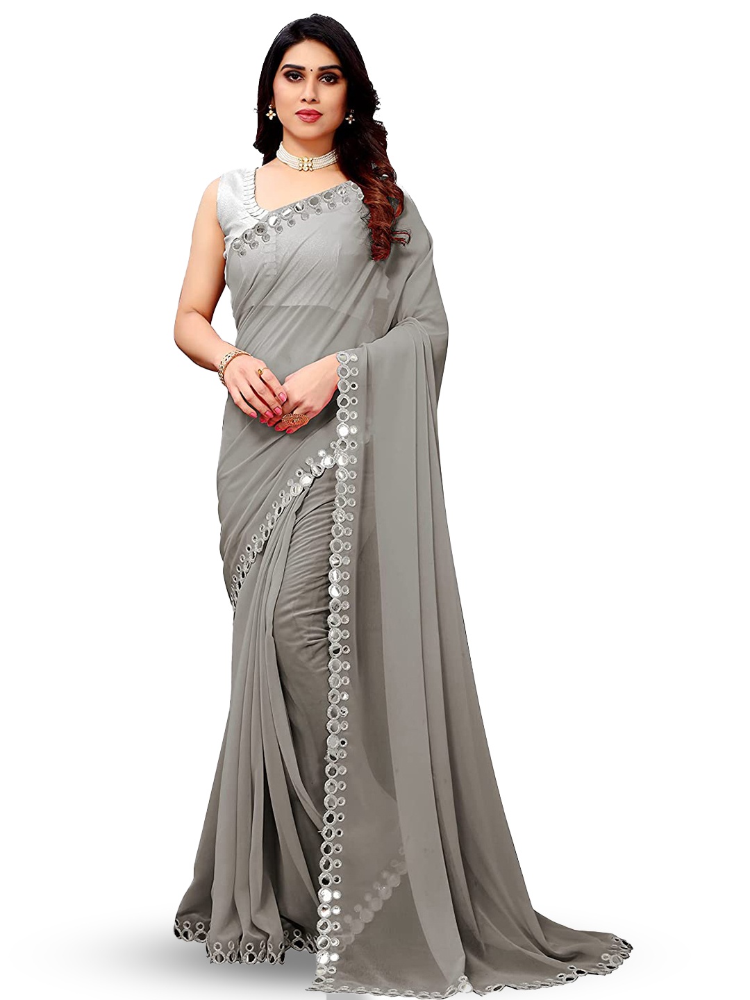 

LYTIX Mirror Work Pure Georgette Leheriya Saree, Grey