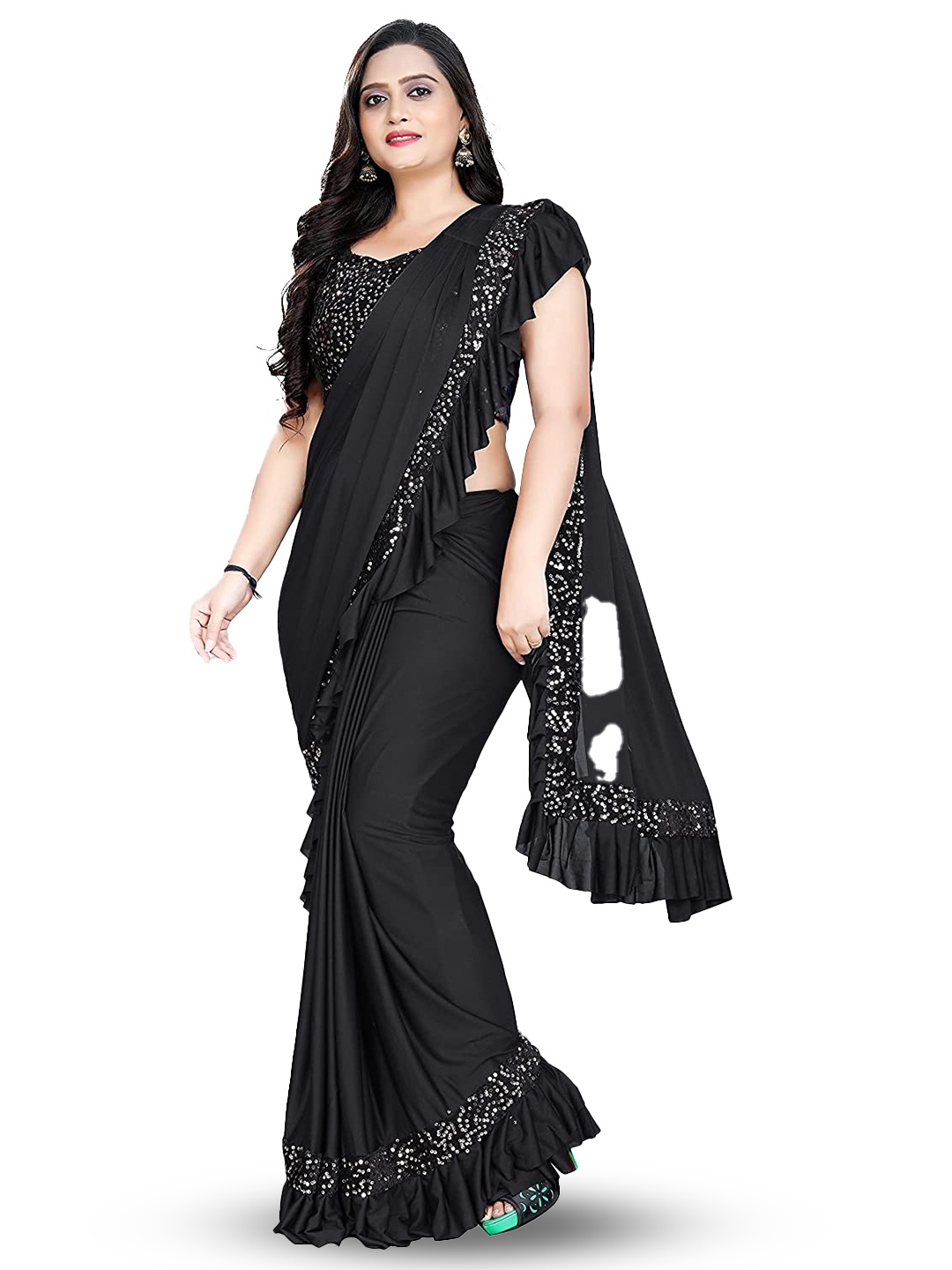 

LYTIX Sequinned Ruffled Satin Saree, Black