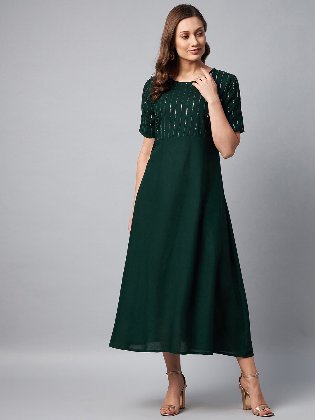 

VAABASTA Sequined Detailed A-Line Midi Dress, Green