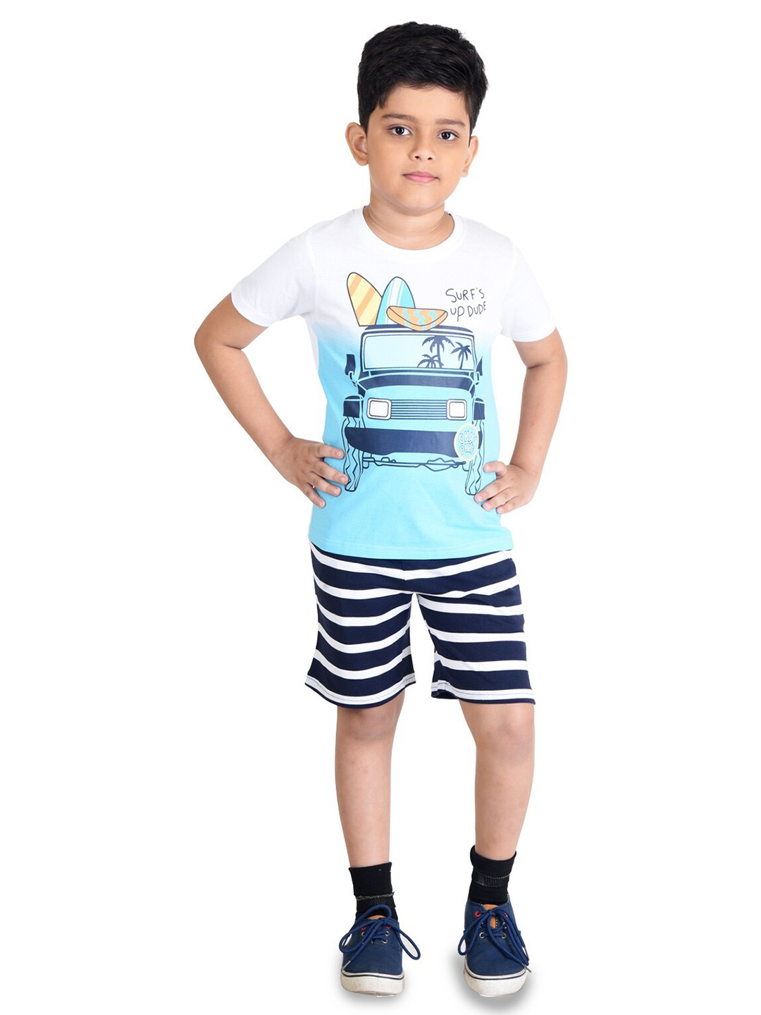 

Clothe Funn Boys Conversational Printed T-shirt With Shorts, White