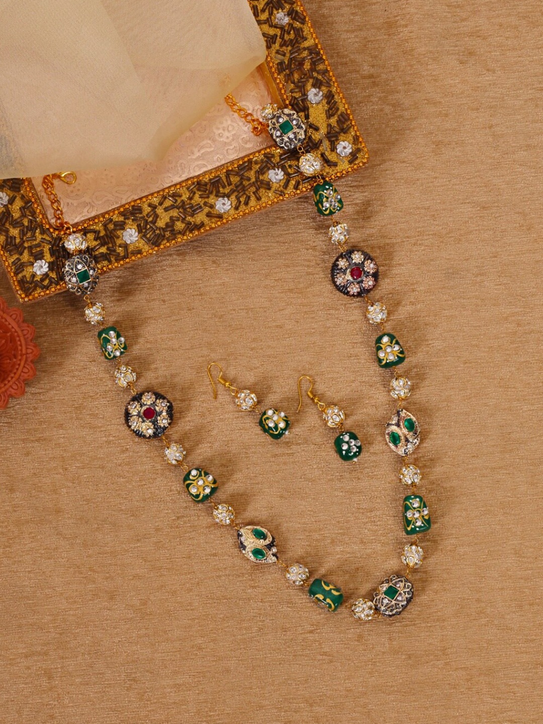 

ABDESIGNS Gold-Plated Beaded Jaipuri Mala With Pair Of Earrings
