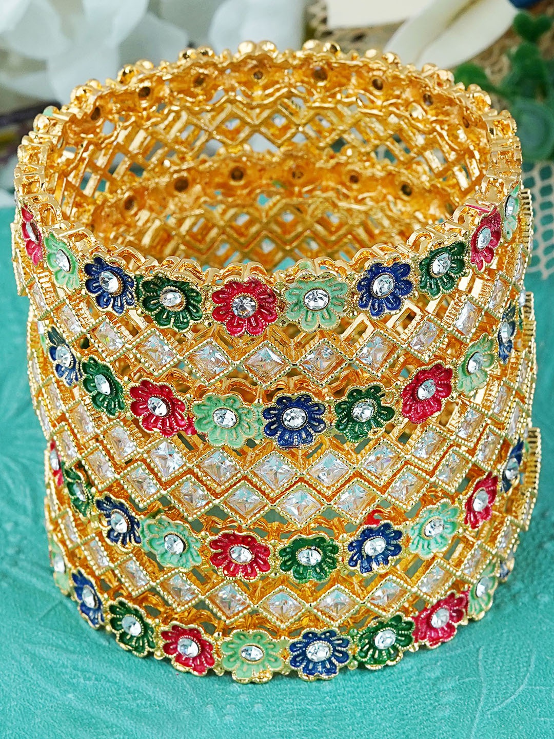 

MANSIYAORANGE Set Of 8 Gold-Plated Polki Stone Bangles