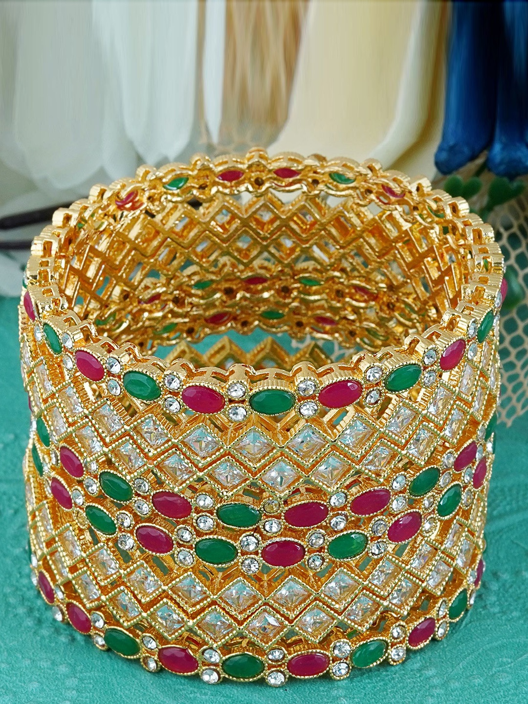 

MANSIYAORANGE Set Of 8 Gold-Plated AD Polki Stone Bangles