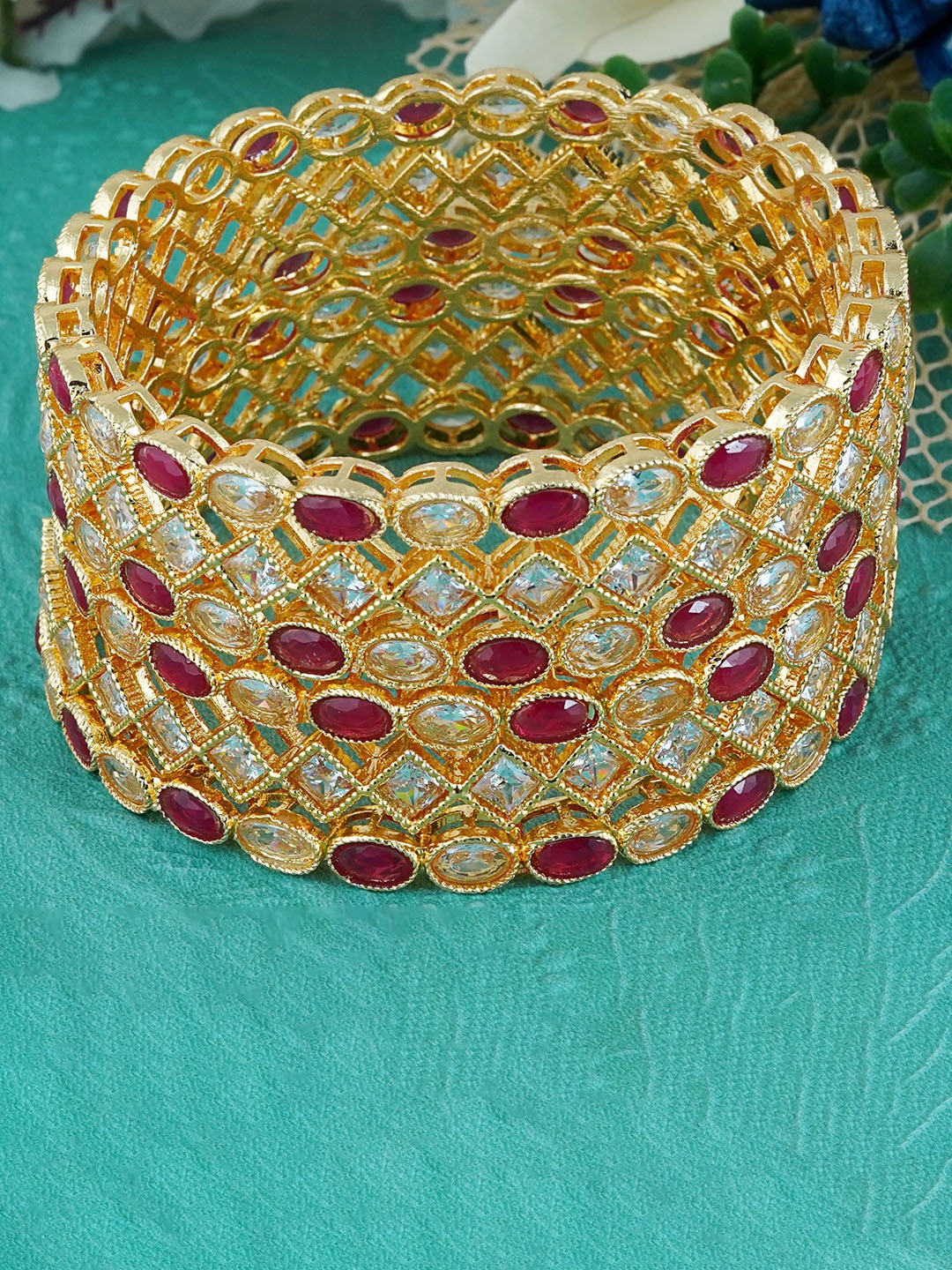 

MANSIYAORANGE Set Of 6 Gold-Plated AD Polki Stone-Studded Bangles