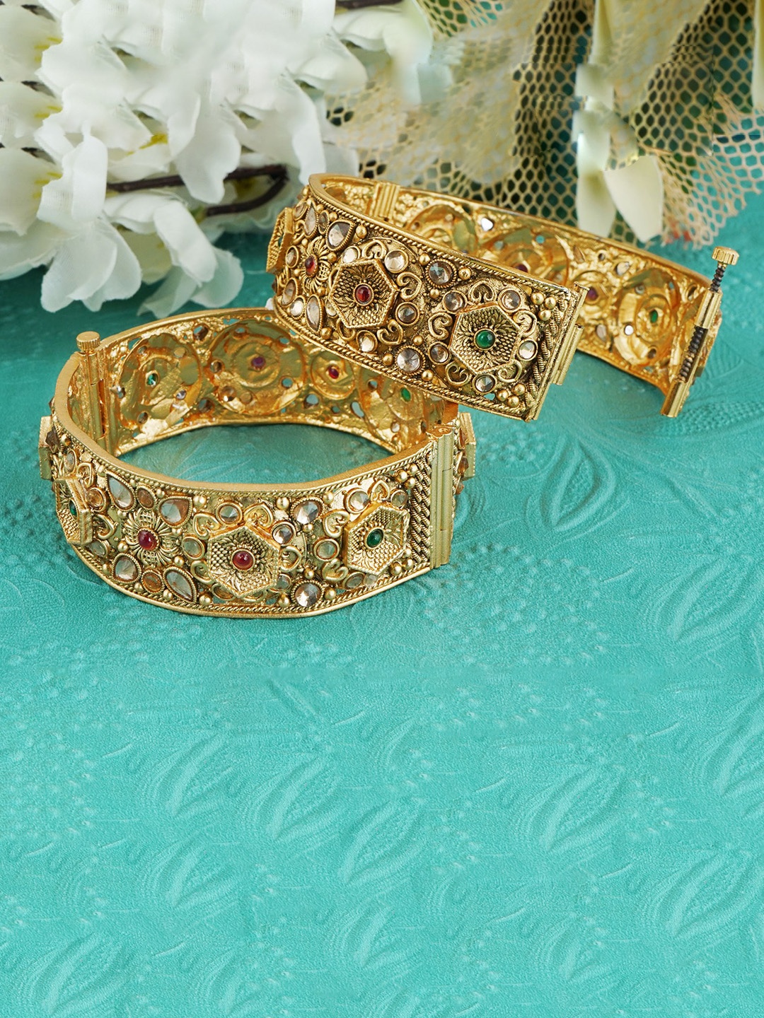 

MANSIYAORANGE Set Of 2 Gold-Plated Kundan-Studded Bangles