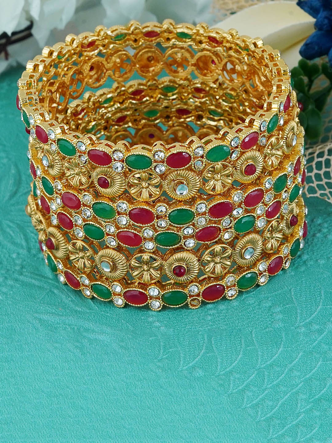 

MANSIYAORANGE Set Of 4 Gold-Plated Kundan Studded Bangles