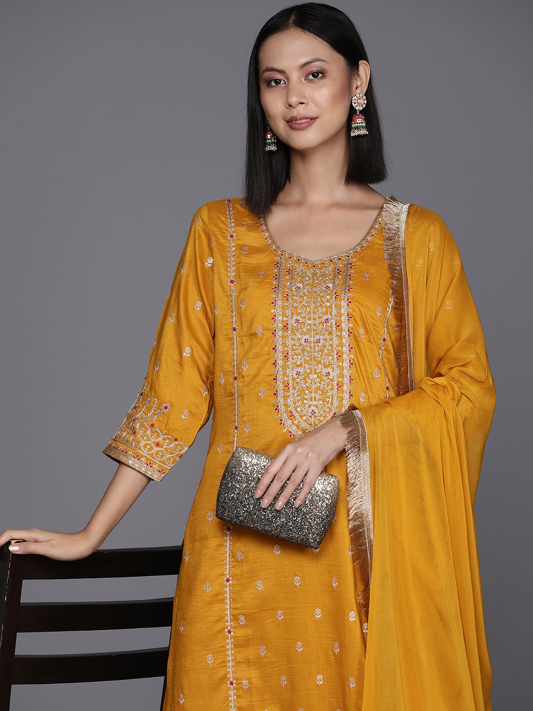 

Varanga Ethnic Motifs Embroidered Sweetheart Neck Kurta with Trousers & Dupatta, Mustard