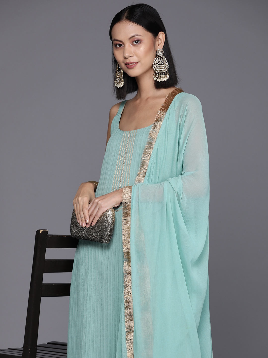 

Varanga Yoke Design Regular Gotta Patti Silk Crepe Kurta with Palazzos & Dupatta, Sea green