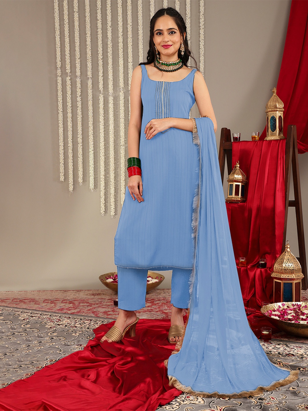 

Varanga Yoke Design Regular Gotta Patti Silk Crepe Kurta with Palazzos & Dupatta, Blue