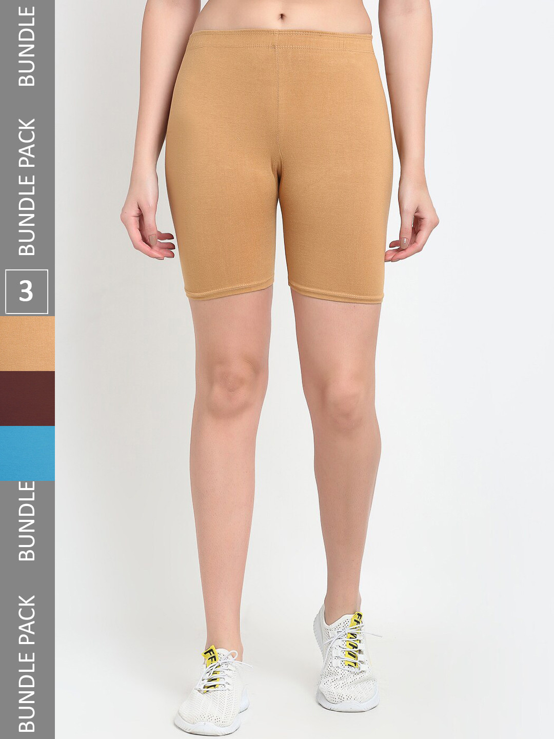 

Jinfo Women Pack Of 3 Cotton Sports Shorts, Beige