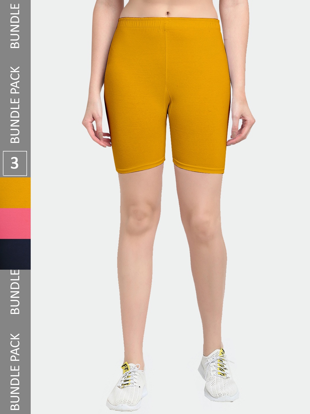 Jinfo Women Pack Of 3 Cotton Sports Shorts, Mustard