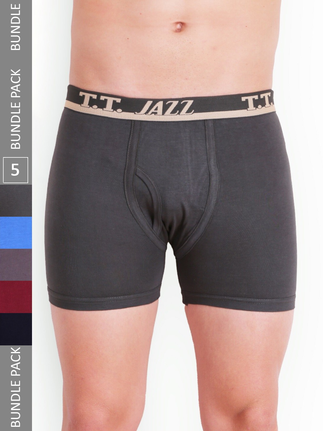 

T.T. Jazz Pack Of 5 Men Assorted Pure Cotton Fine Lone Top Elastic Trunks, Blue