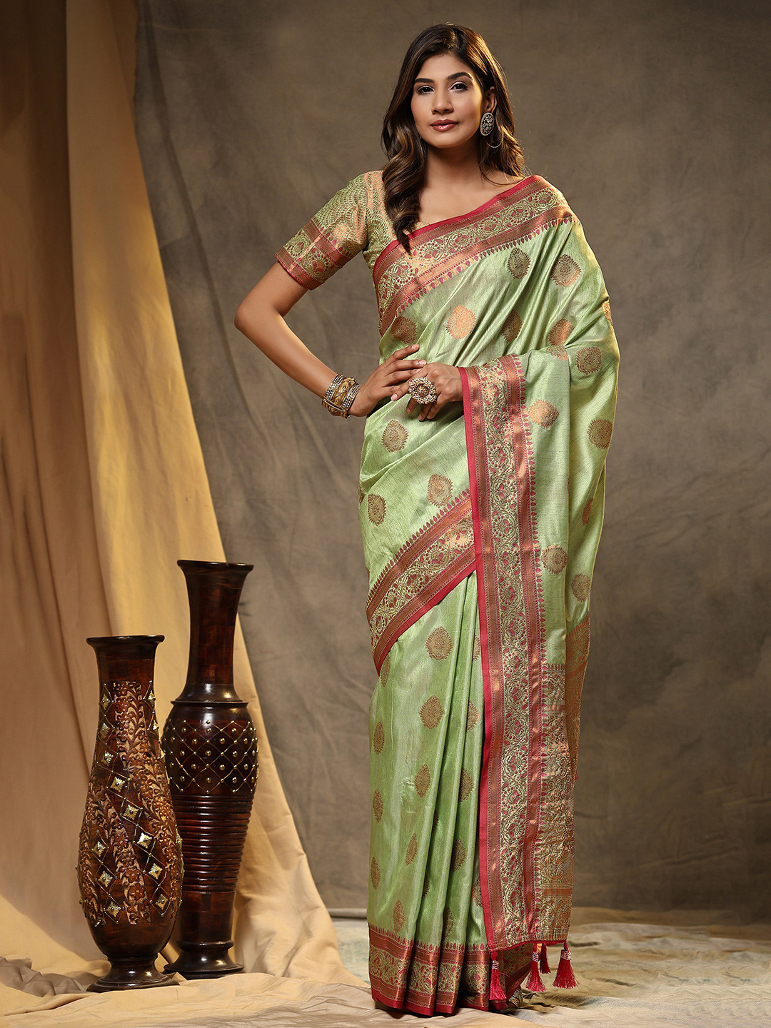 

PHEASANT Woven Design Zari Silk Cotton Saree, Green