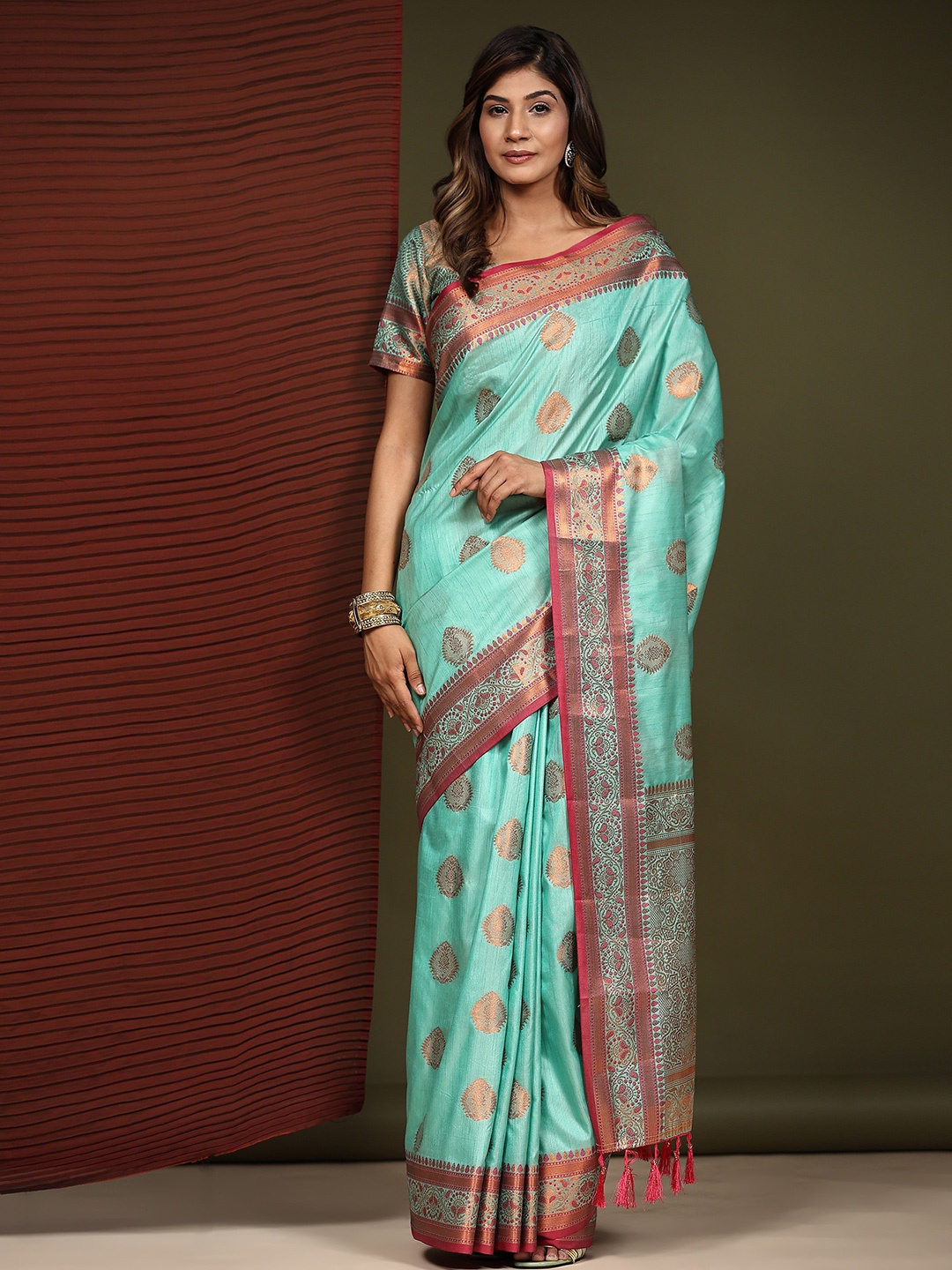 

PHEASANT Woven Design Zari Silk Cotton Saree, Blue
