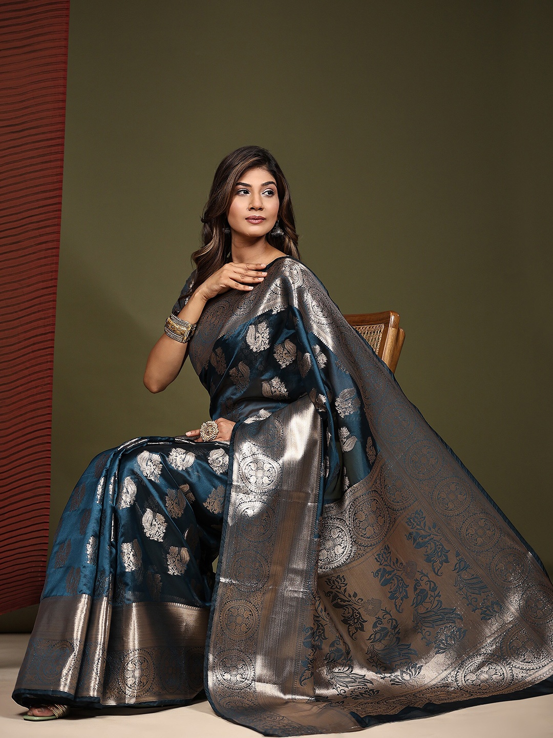 

PHEASANT Woven Design Zari Organza Saree, Blue