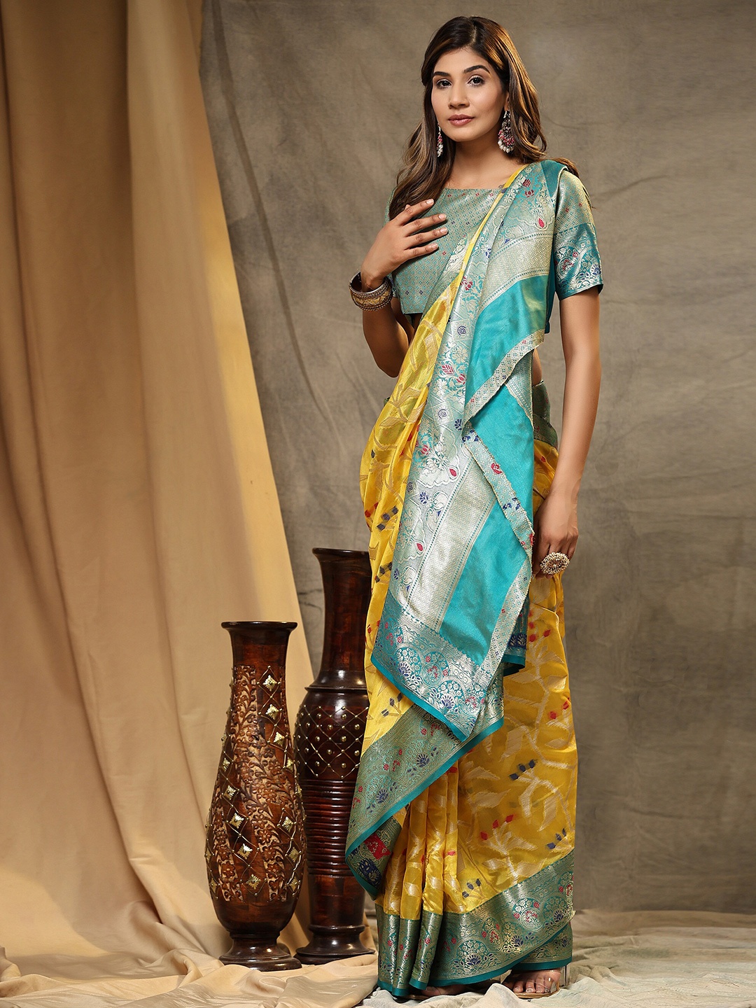 

PHEASANT Woven Design Zari Silk Cotton Saree, Yellow