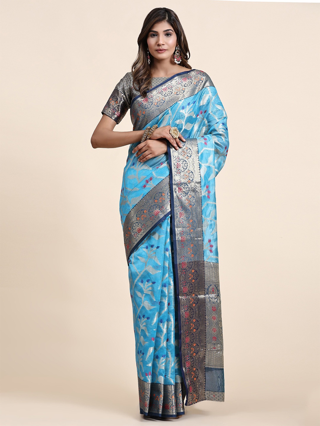

PHEASANT Woven Design Zari Silk Cotton Saree, Blue