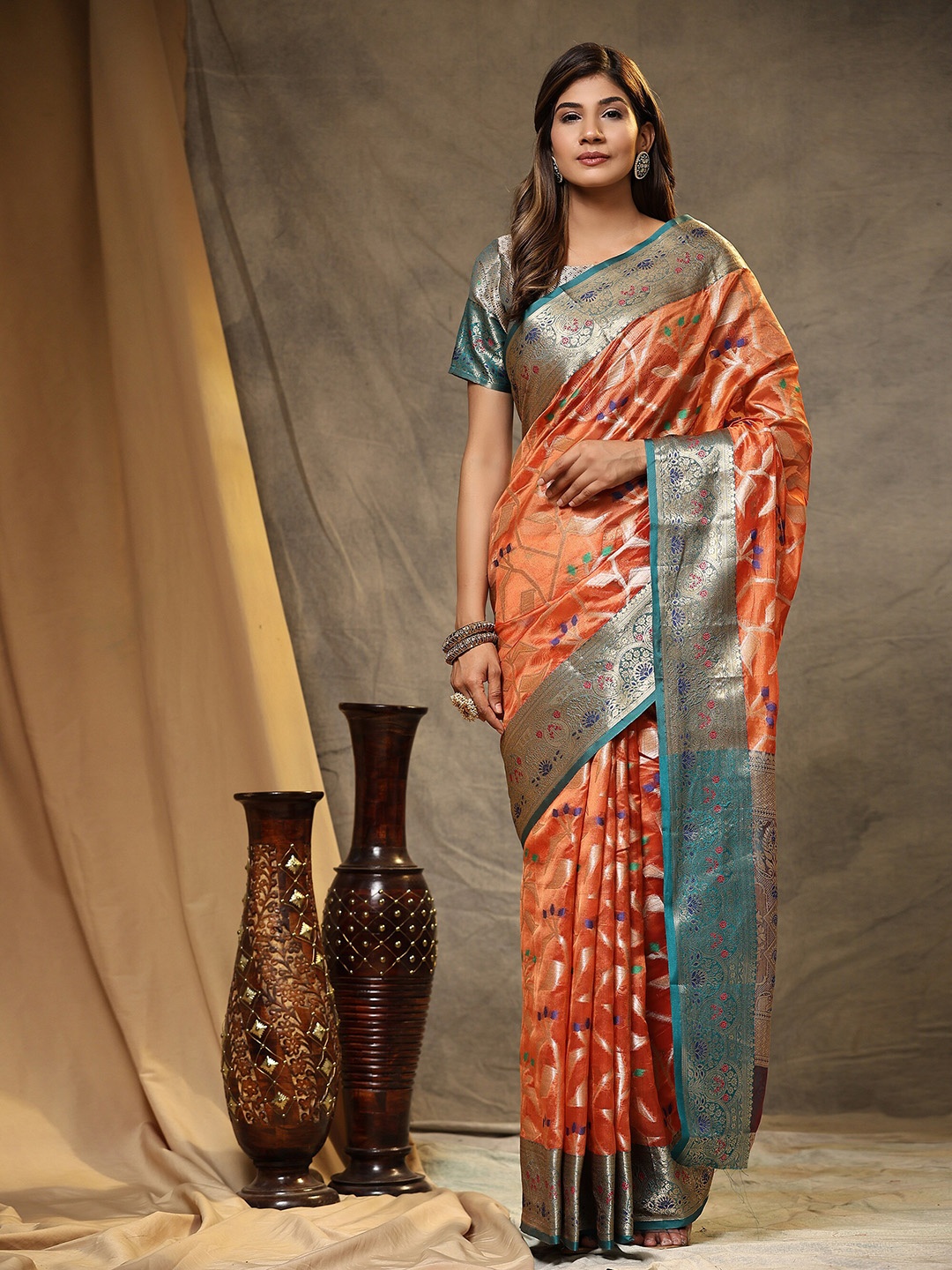 

PHEASANT Woven Design Zari Silk Cotton Saree, Orange
