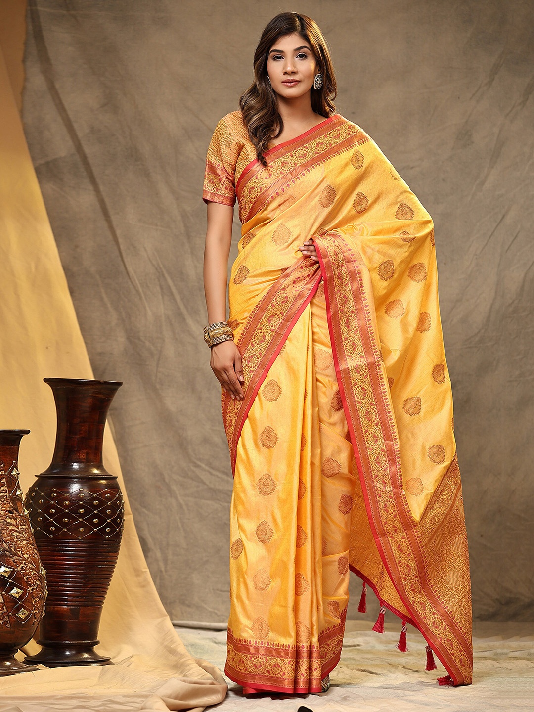 

PHEASANT Woven Design Zari Silk Cotton Saree, Yellow