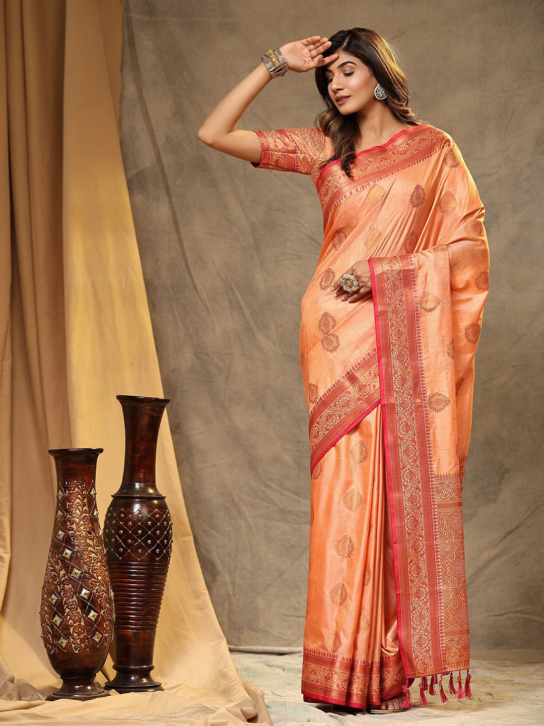 

PHEASANT Woven Design Zari Silk Cotton Saree, Red
