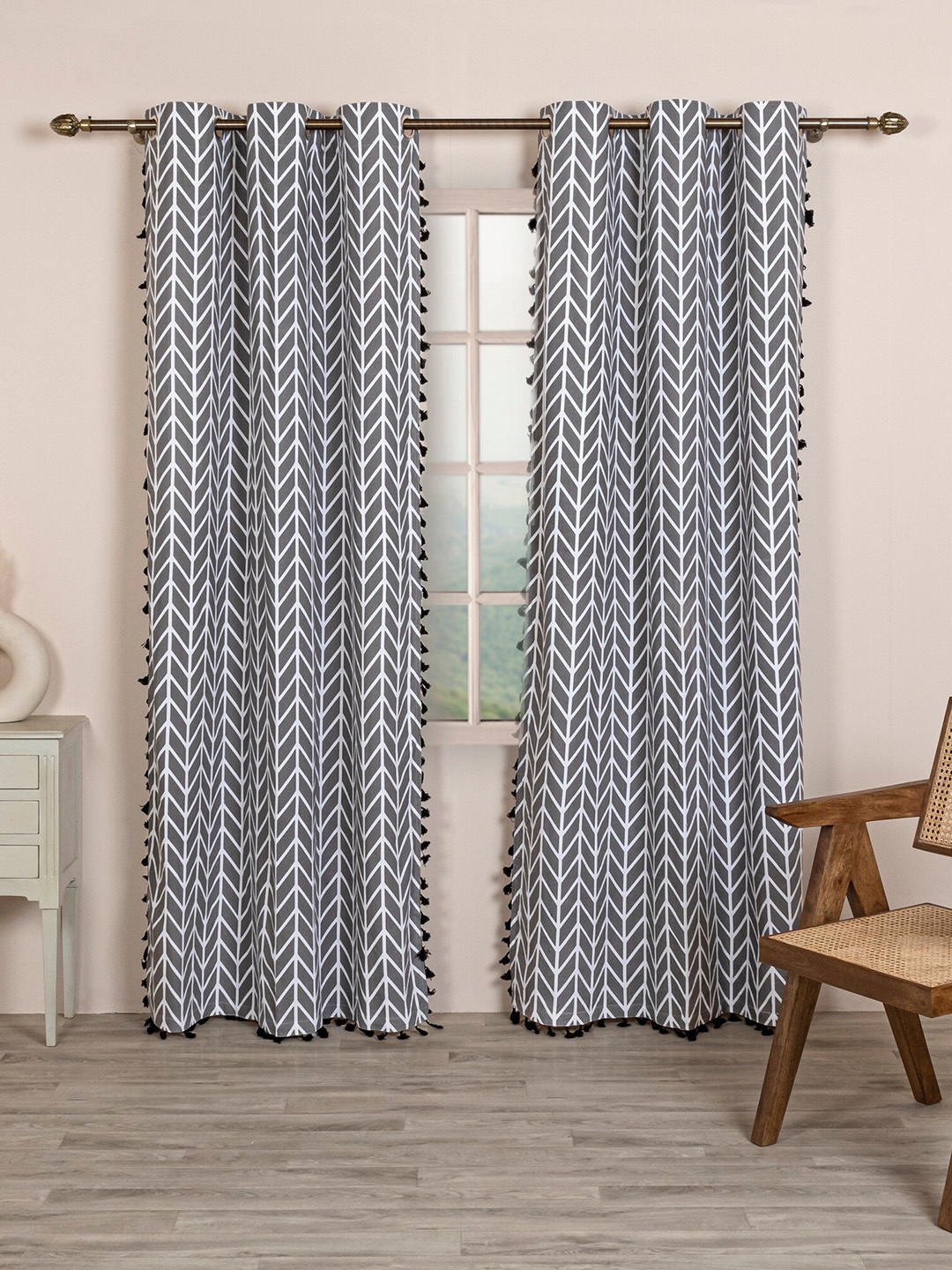 

HOMEMONDE Chevron Printed 2 Pieces Door Curtains With Tassels, Grey