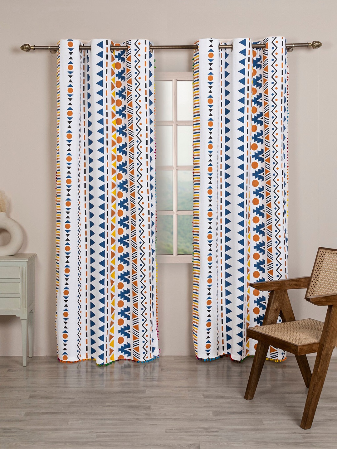 

HOMEMONDE Set Of 2 Tribal Printed Tassels Detail Window Curtains, White