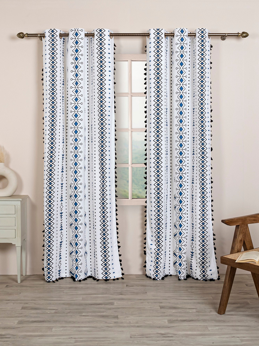 

HOMEMONDE Set Of 2 Tribal Printed Tassels Detail Long Door Curtains, White