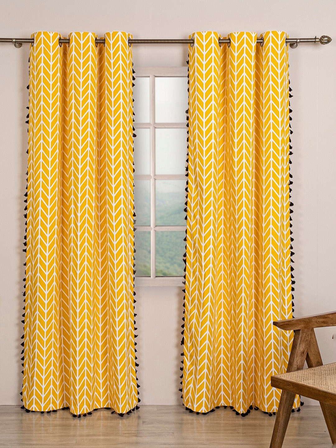 

HOMEMONDE Pack Of 2 Chevron Print Room Darkening Long Door Curtains With Tassels, Yellow