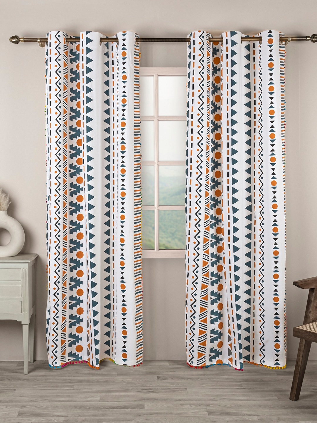 

HOMEMONDE 2 Pieces Tribal Printed Window Curtains With Tassels, White