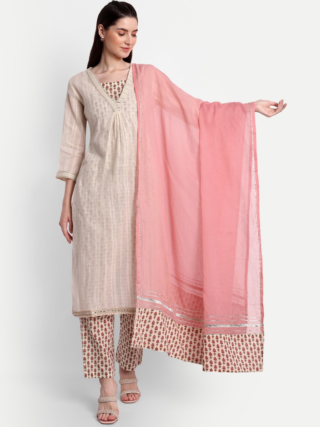 

NH KAPDEWALA Ethnic Motifs Printed Pure Cotton Kurta with Palazzos & With Dupatta, Beige