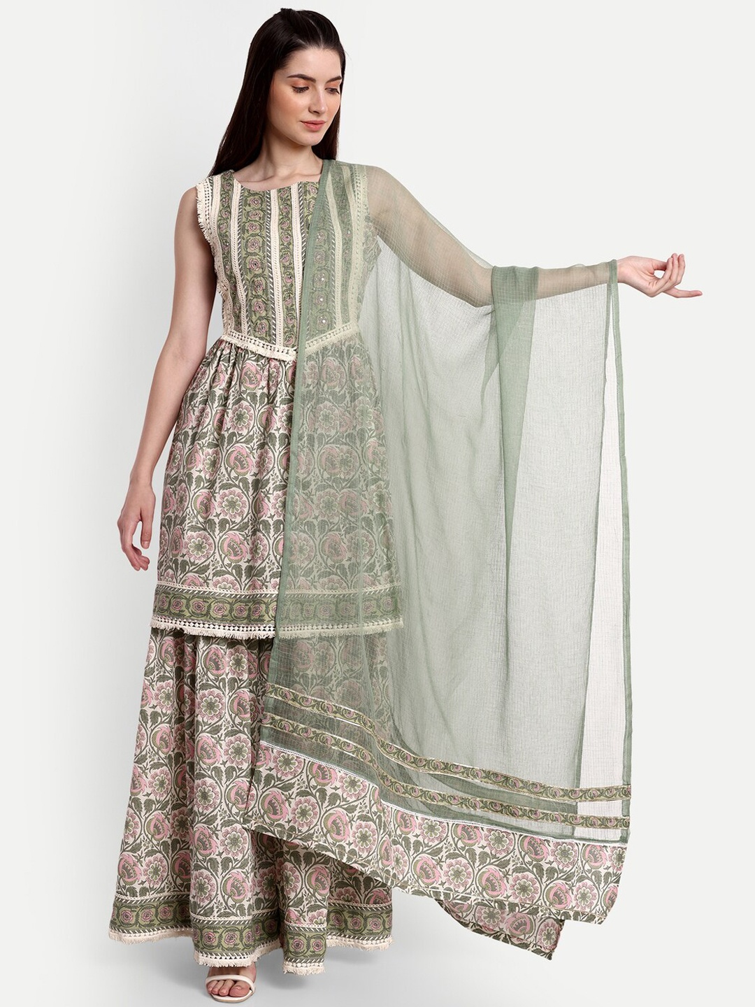 

NH KAPDEWALA Floral Printed Thread Work Pure Cotton Kurta With Sharara & Dupatta, Off white