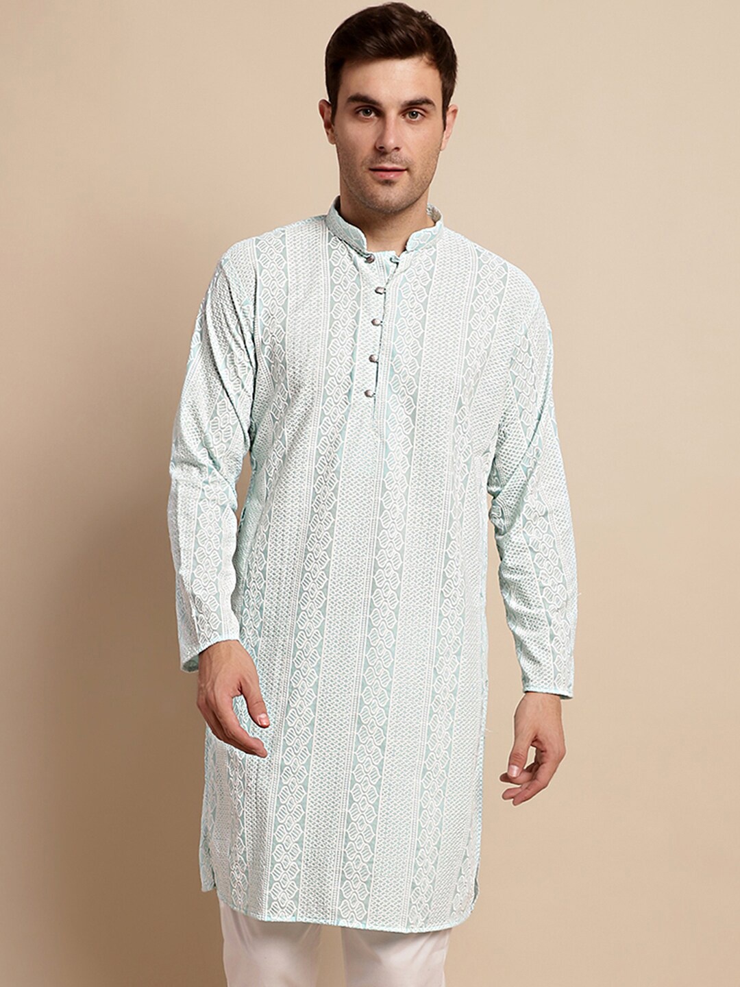 

Anouk Turquoise Blue & White Ethnic Motifs Embroidered Pure Cotton Kurta