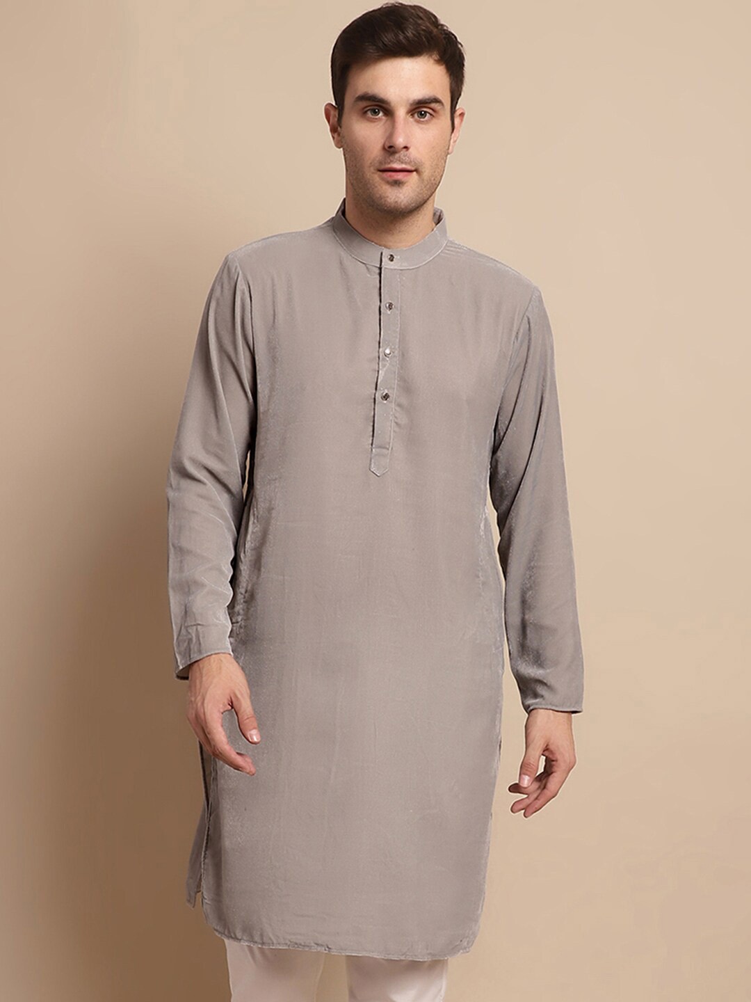 

Anouk Grey Band Collar Velvet Kurta