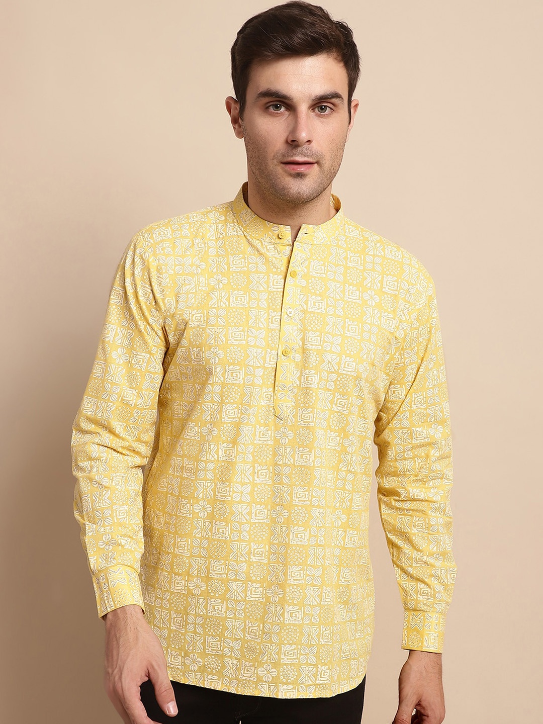 

Anouk Yellow & White Ethnic Motifs Printed Pure Cotton Kurta